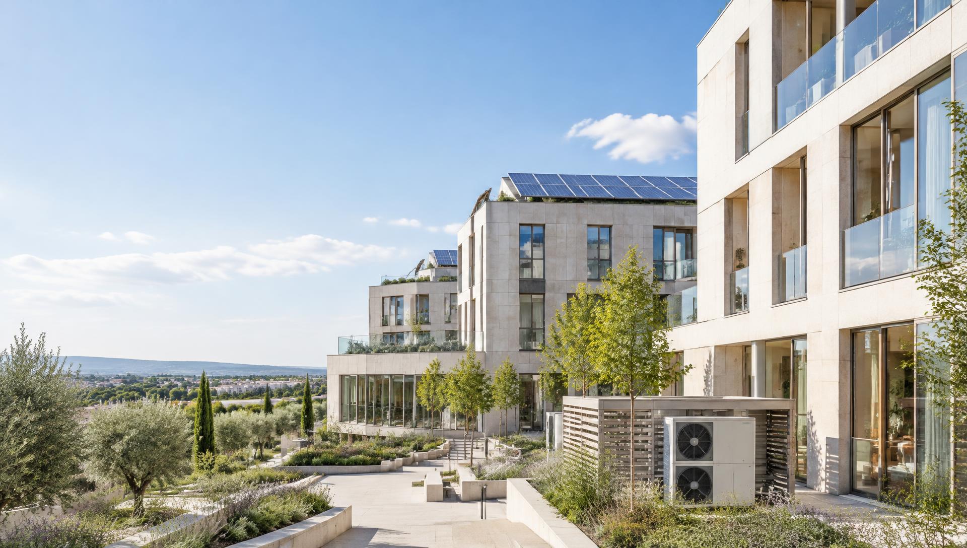 Bâtiments contemporains avec panneaux photovoltaïques et pompe à chaleur